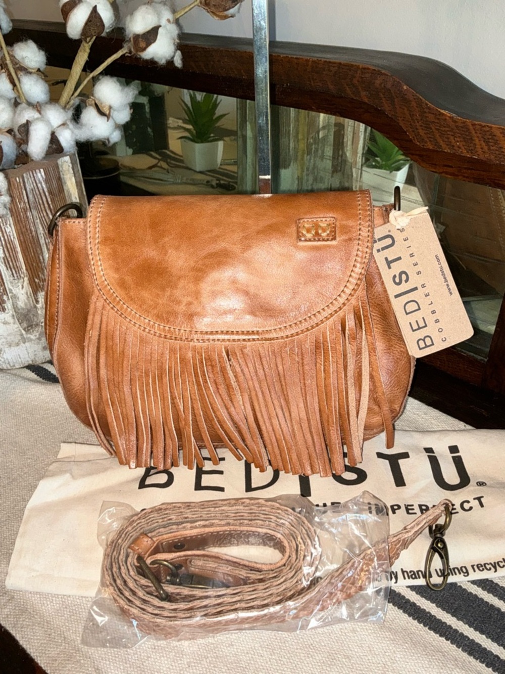NWT Bed Stu Leather Eastend Fringe Crossbody Bag Tan Dip Dyed Retail $165